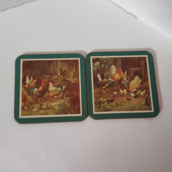 Vtg Set 6 English Life Farmhouse Rooster Chickens Hens Chicks Cork Coasters UK - Picture 5 of 6